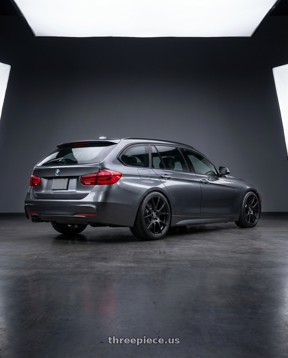 2016 BMW 3 Series F30 with Forgestar CF5V 5x120 19x9 +38 Satin Black wheels rear three quarter view square tires