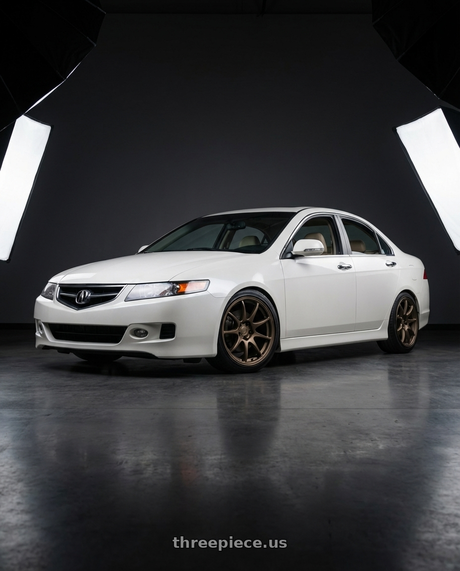 2003 Acura Tsx with Work Emotion Cr Kiwami 5x100 18x8.5 +47 Matte Bronze wheels front three quarter view lowered stance