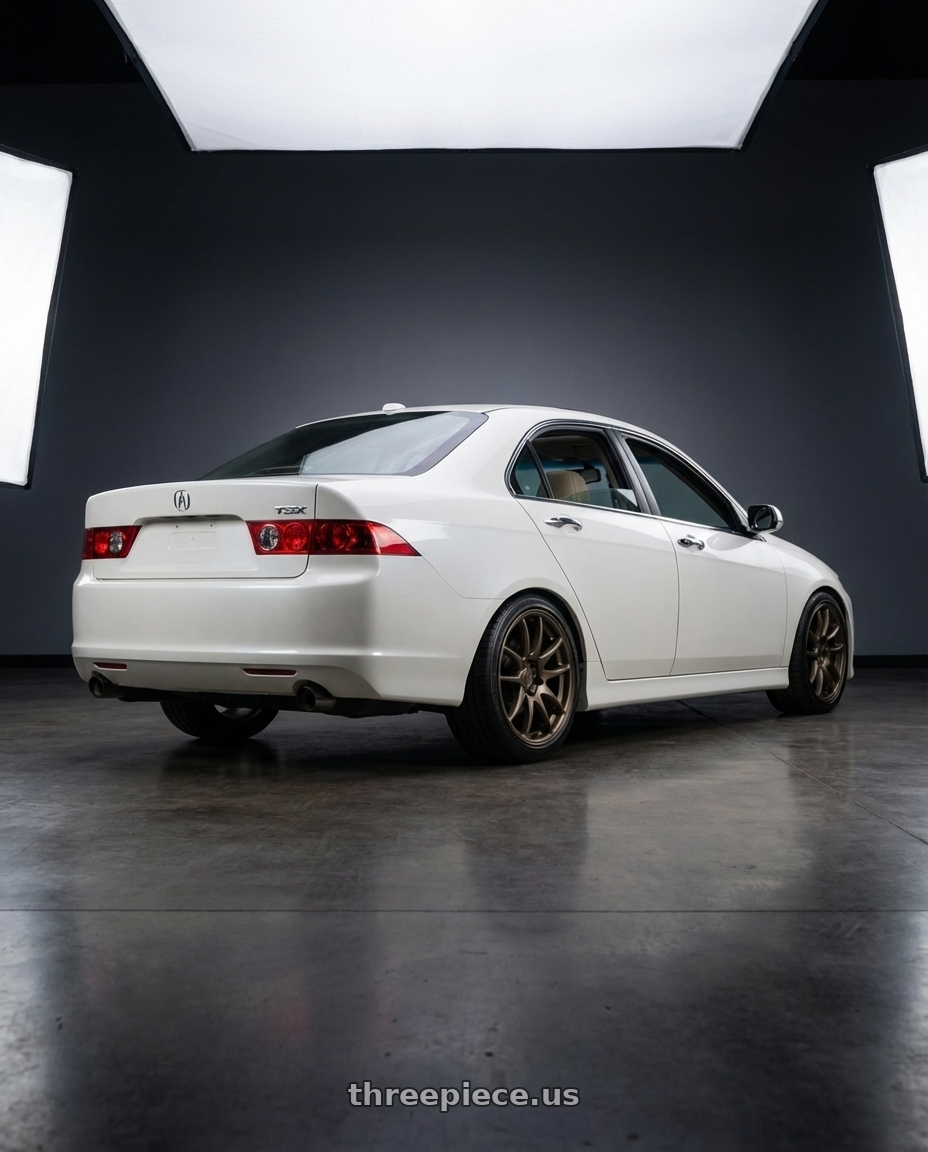 2003 Acura Tsx with Work Emotion Cr Kiwami 5x100 18x8.5 +47 Matte Bronze wheels rear three quarter view square tires