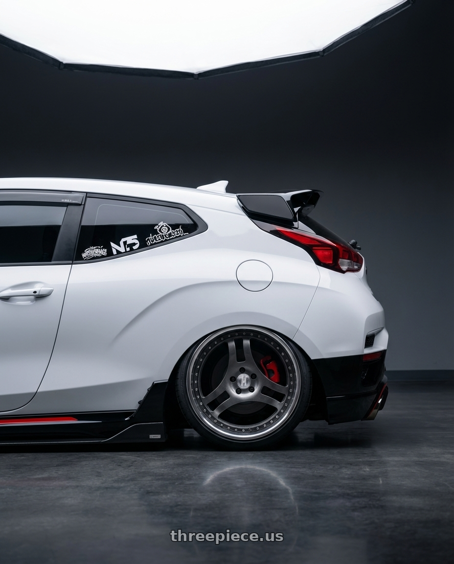 2022 Veloster N, lunar white  with Heritage Wheel TSUKUBA wheels rear three quarter view slight stretch tires