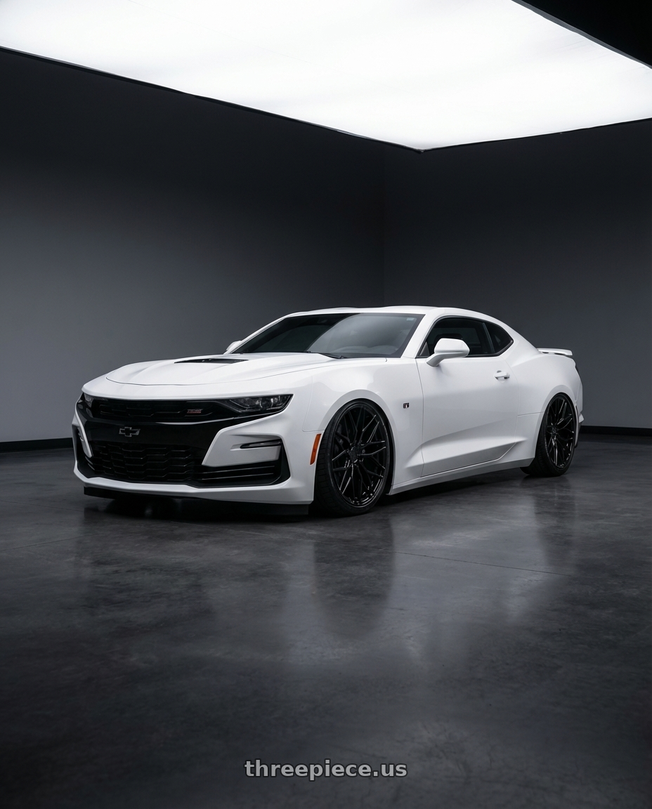 2022 Chevrolet Camaro with Avant Garde Wheels M520R 5X120 20x11 +45 Gloss Black wheels front three quarter view stanced stance