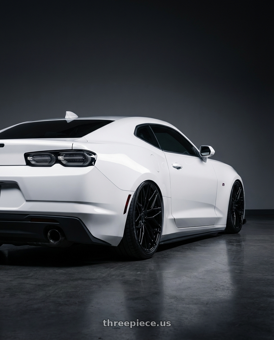 2022 Chevrolet Camaro with Avant Garde Wheels M520R 5X120 20x11 +45 Gloss Black wheels rear three quarter view slight stretch tires