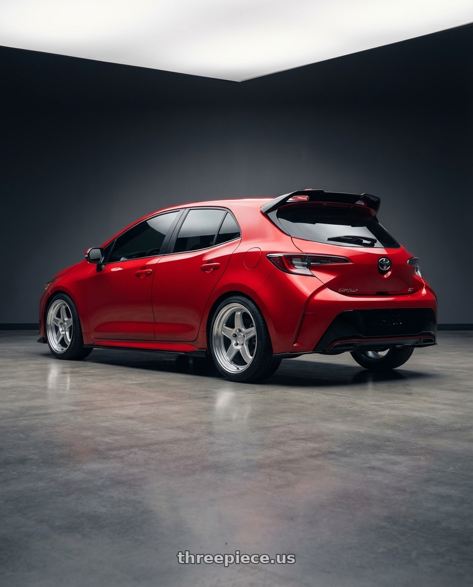 2021 toyota corolla hatchback, se, special edition, supersonic red with Kansei K15H Astro 5X100 18x9 22 Hyper Silver wheels rear three quarter view square tires