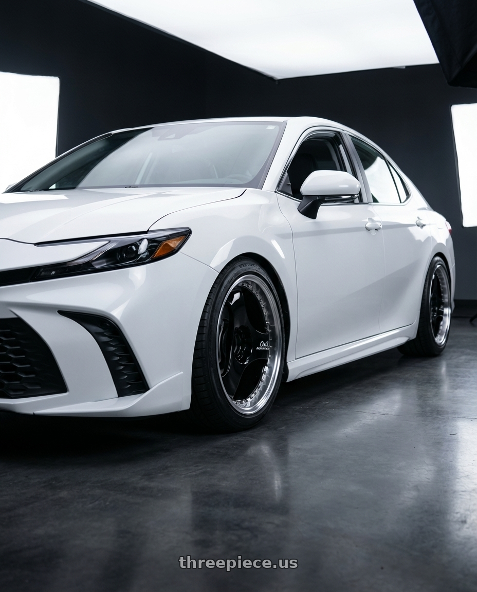 2026 Toyota camry with Advan Racing ONI2 PROGRESSIVE 5x114.3 20x8.5 +33 MACHINING & RACING GLOSS BLACK wheels front three quarter view lowered stance