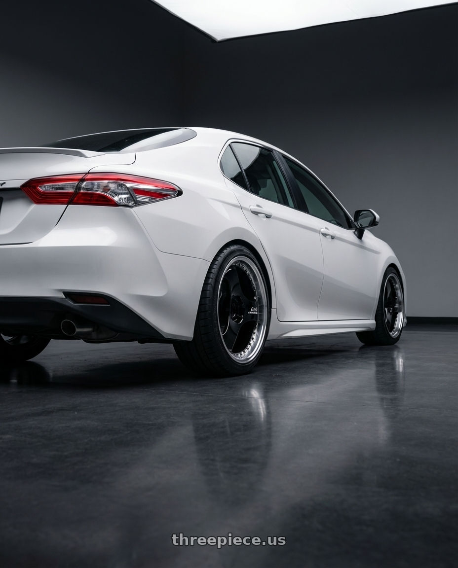 2026 Toyota camry with Advan Racing ONI2 PROGRESSIVE 5x114.3 20x8.5 +33 MACHINING & RACING GLOSS BLACK wheels rear three quarter view square tires