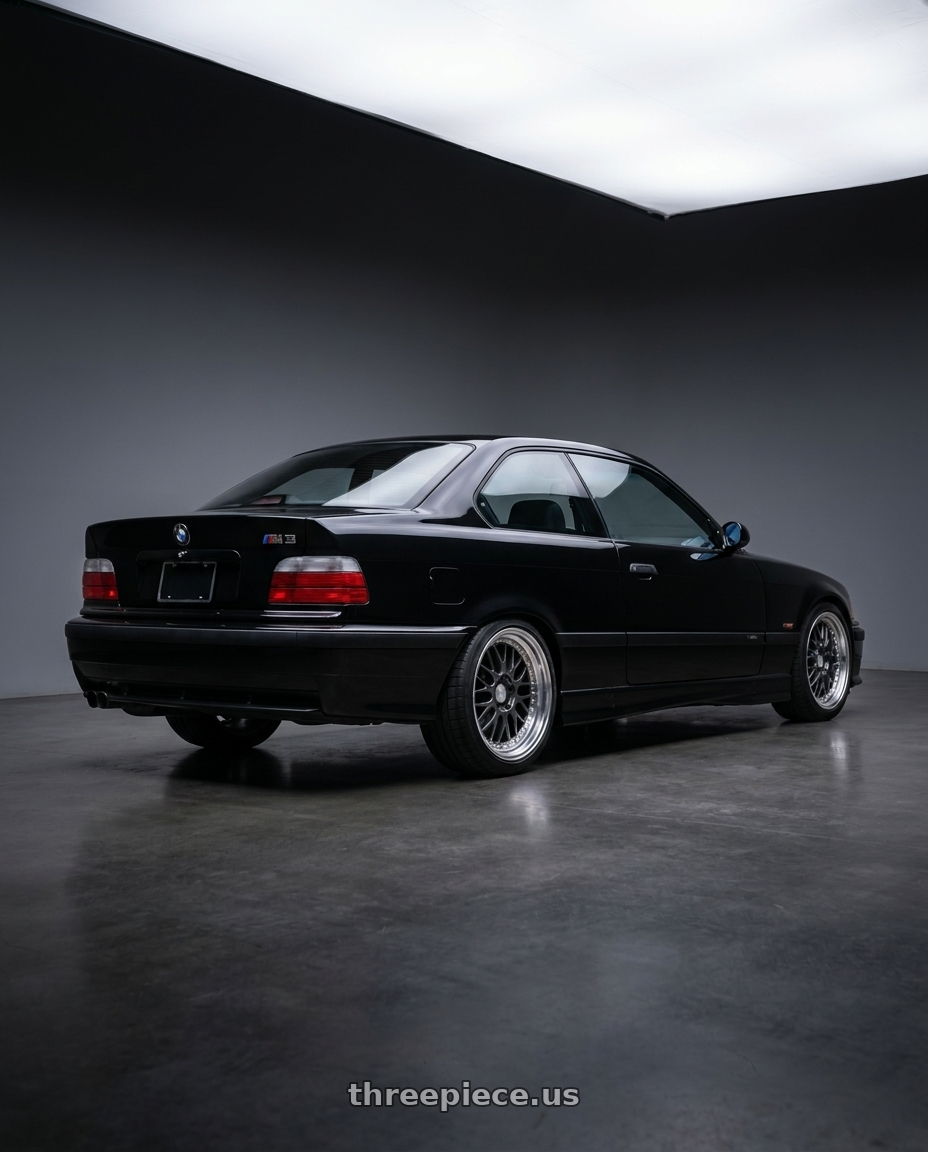 1995 bmw m3 with ESR Wheels SR SERIES SR05 5x120 18x9.5 +35 Gloss Graphite wheels rear three quarter view square tires