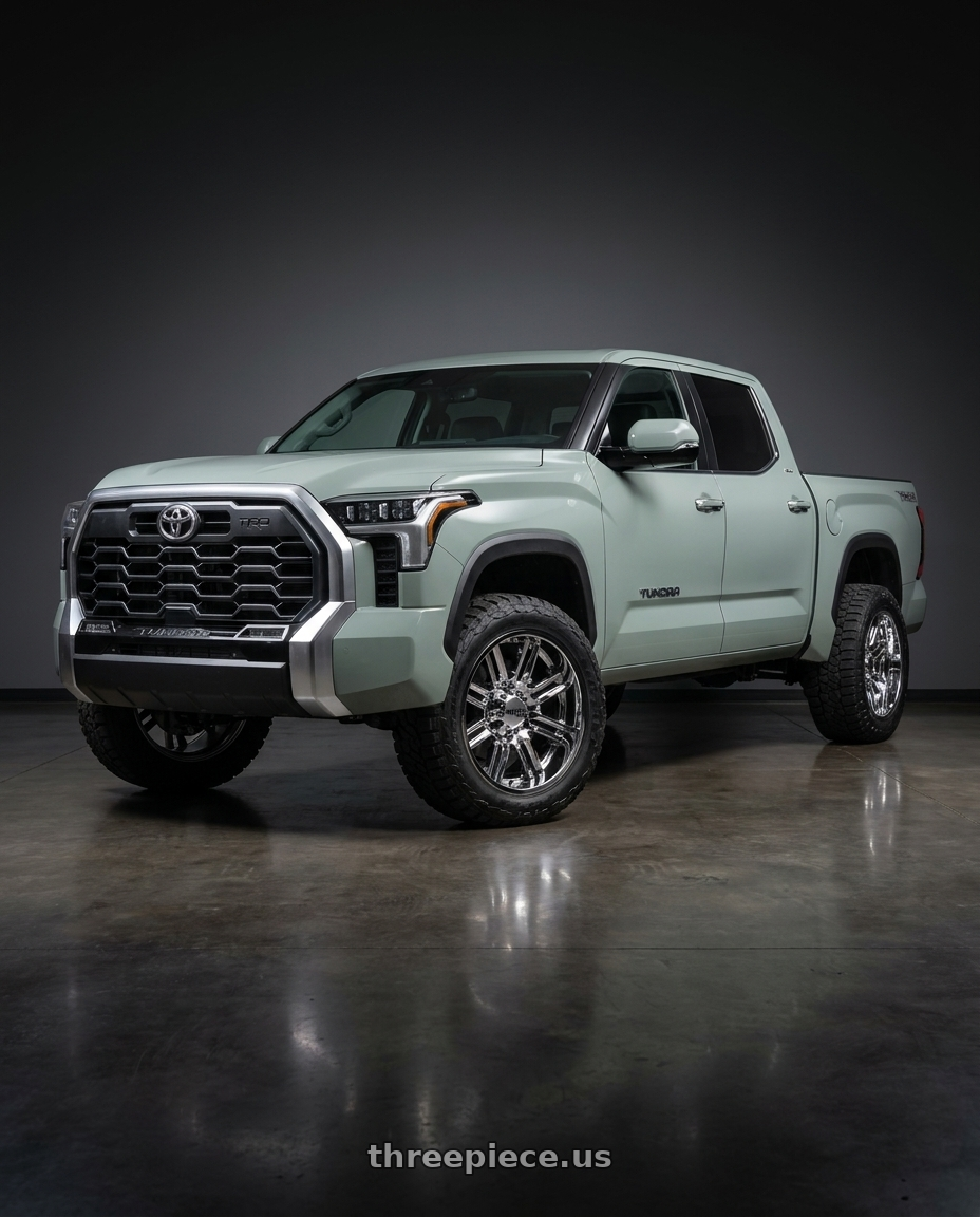 2024 Toyota Tundra with Moto Metal MO202 6X139.7 20X12 -44 CHROME CENTER GLOSS BLACK MILLED LIP wheels