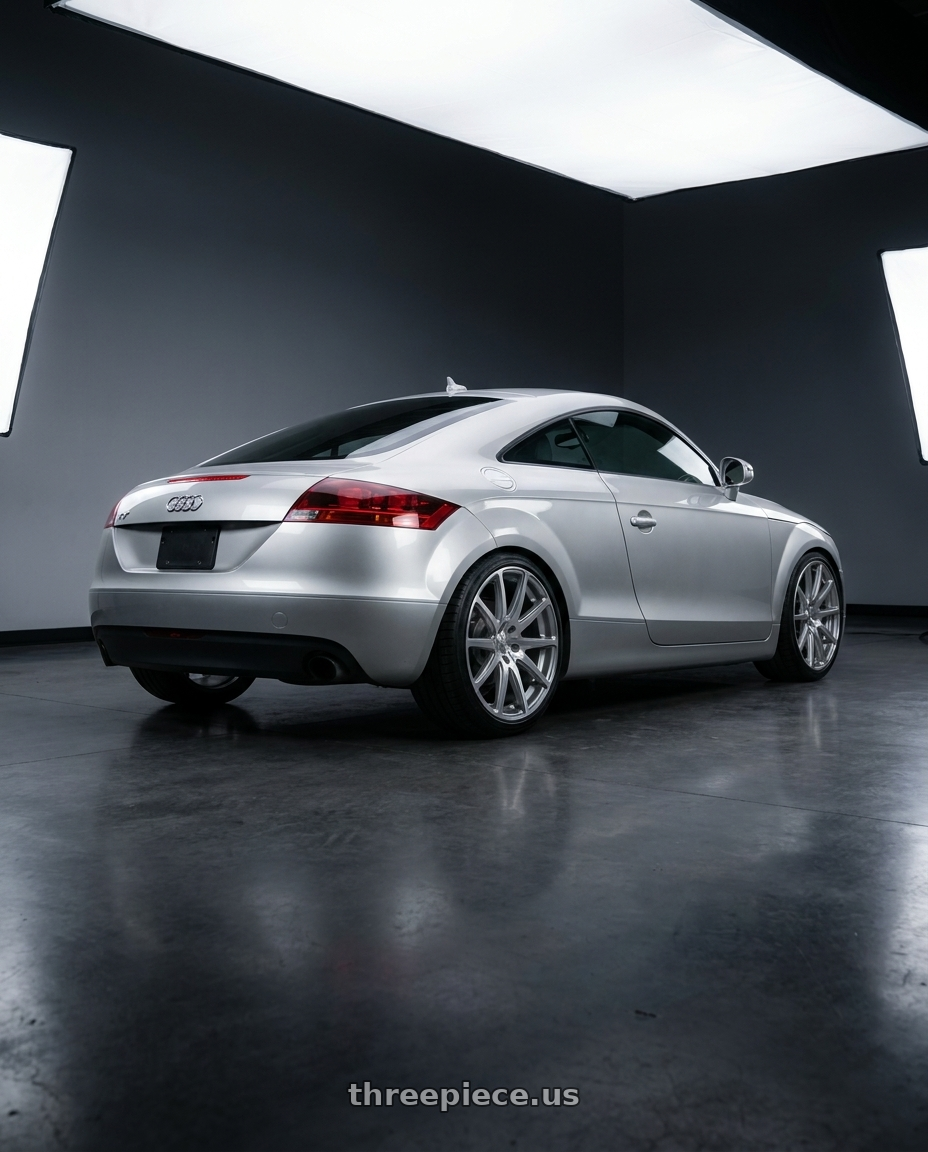 2008 Audi TT Mk2 with MRR GF9 5x112 19x8.5  +35 Silver Machine Face wheels rear three quarter view square tires