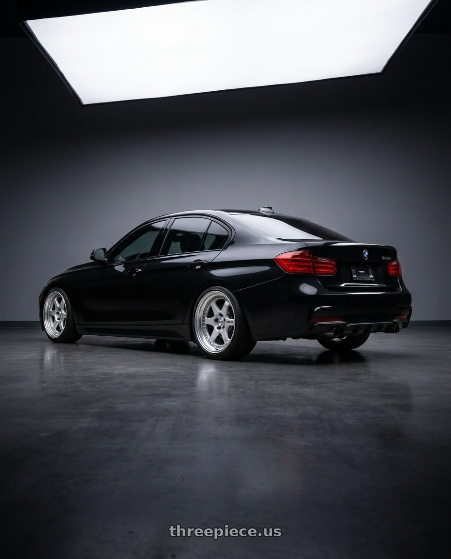 2014 bmw 335i m-sport black sapphire metallic with Work Meister L1 3P 5x120 18x9+37 L Disk Matte Silver wheels rear three quarter view square tires