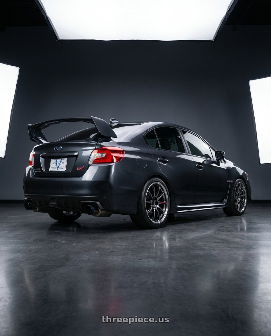 2016 Subaru WRZ STI with Work Emotion Zr10 5x100 18x10.5 +12 Glim Black Diamond Rim cut wheels rear three quarter view square tires