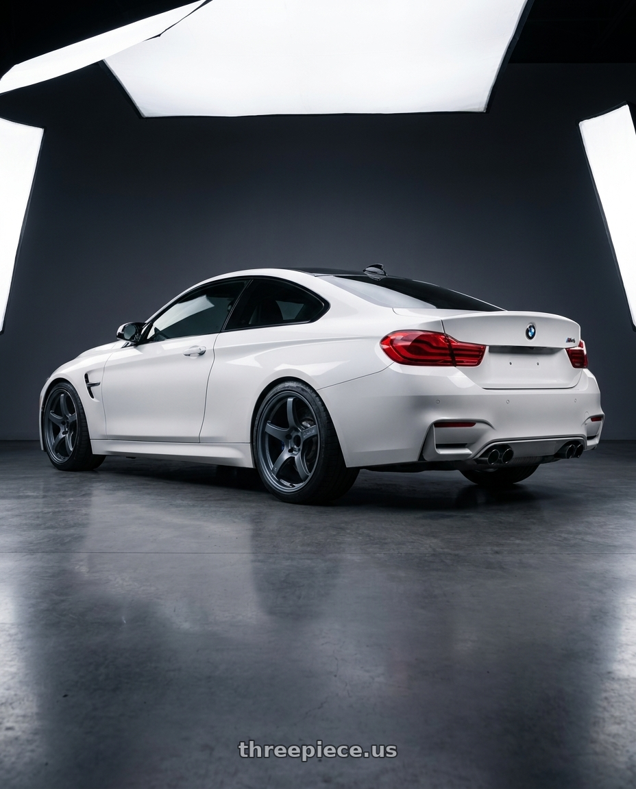 2018 BMW M4 F82 with Gram Lights 57CR 5x120 19x9.5+35 Gunblue II wheels rear three quarter view square tires
