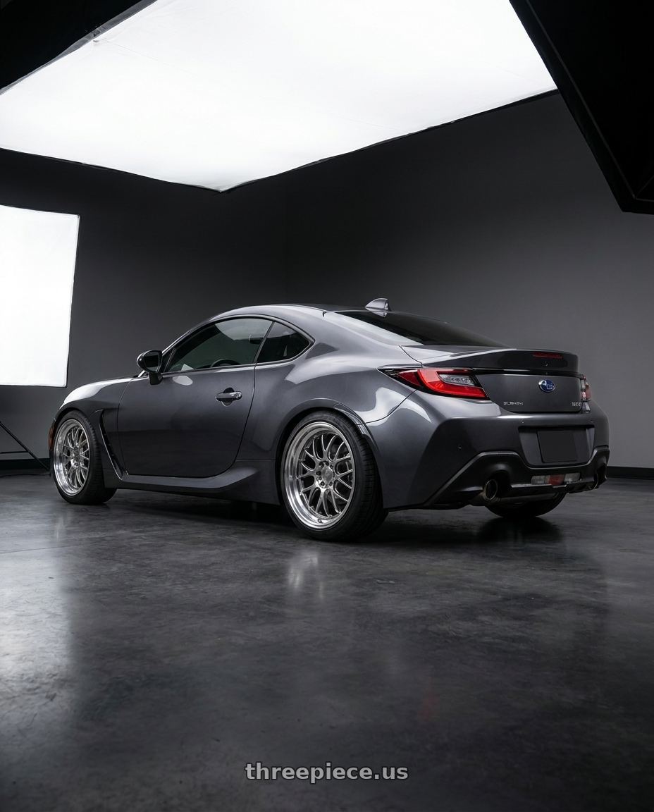 2023 Subaru BRZ premium with F1R F21 5x100/5x114.3 18x8.5 +38 Hyper Black/Polish Lip v2 wheels rear three quarter view square tires