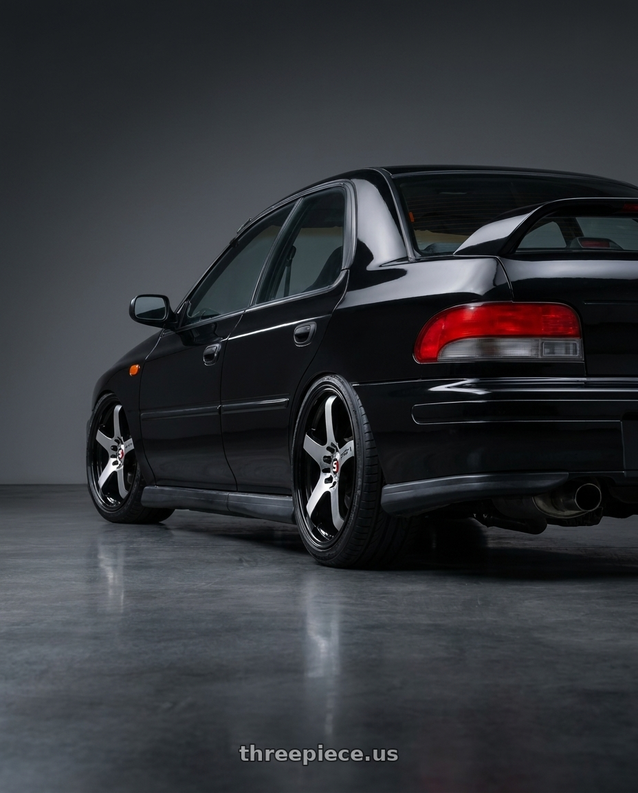 1998 Subaru Impreza GC8  with Spec-1 SPT-31 5x100/5x114.3 17x7.5 +42 Gloss Black & Machined wheels rear three quarter view slight stretch tires