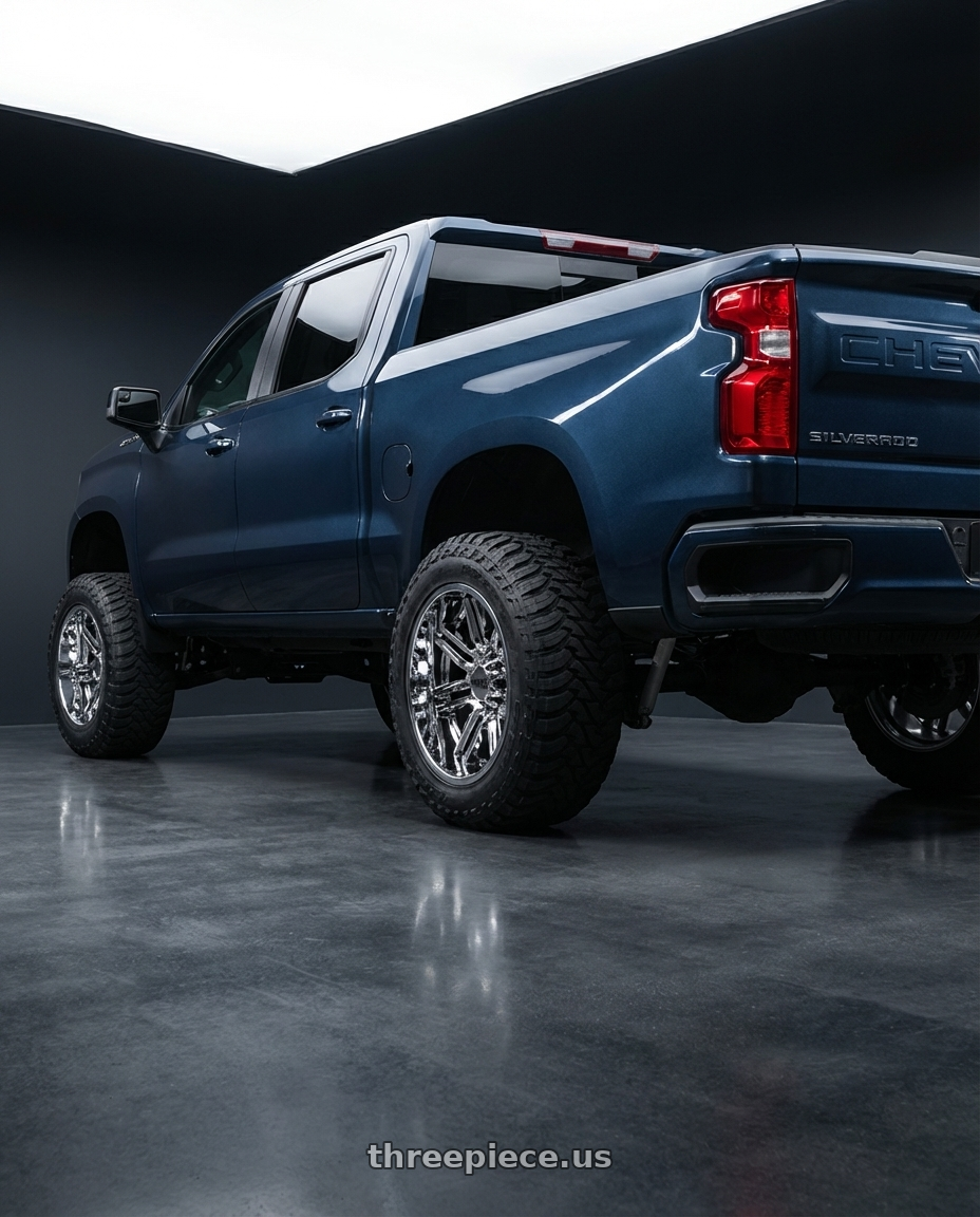 2023 Chevrolet Silverado 1500 with Moto Metal MO202 6X139.7 22X10 -18 CHROME CENTER GLOSS BLACK MILLED LIP wheels rear three quarter view meaty tires