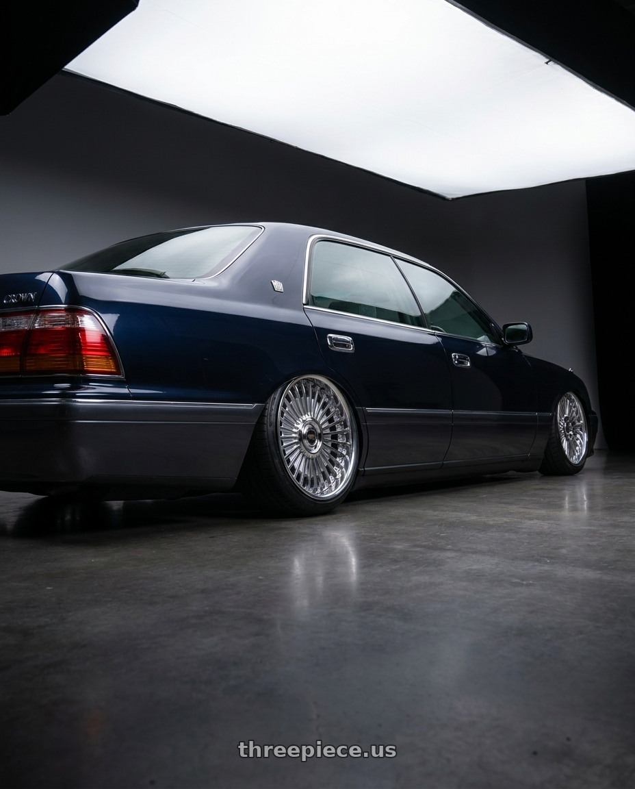 1998 Toyota crown with Work Emitz Chrome 5x114.3 19x9.5 +0 wheels rear three quarter view slight stretch tires