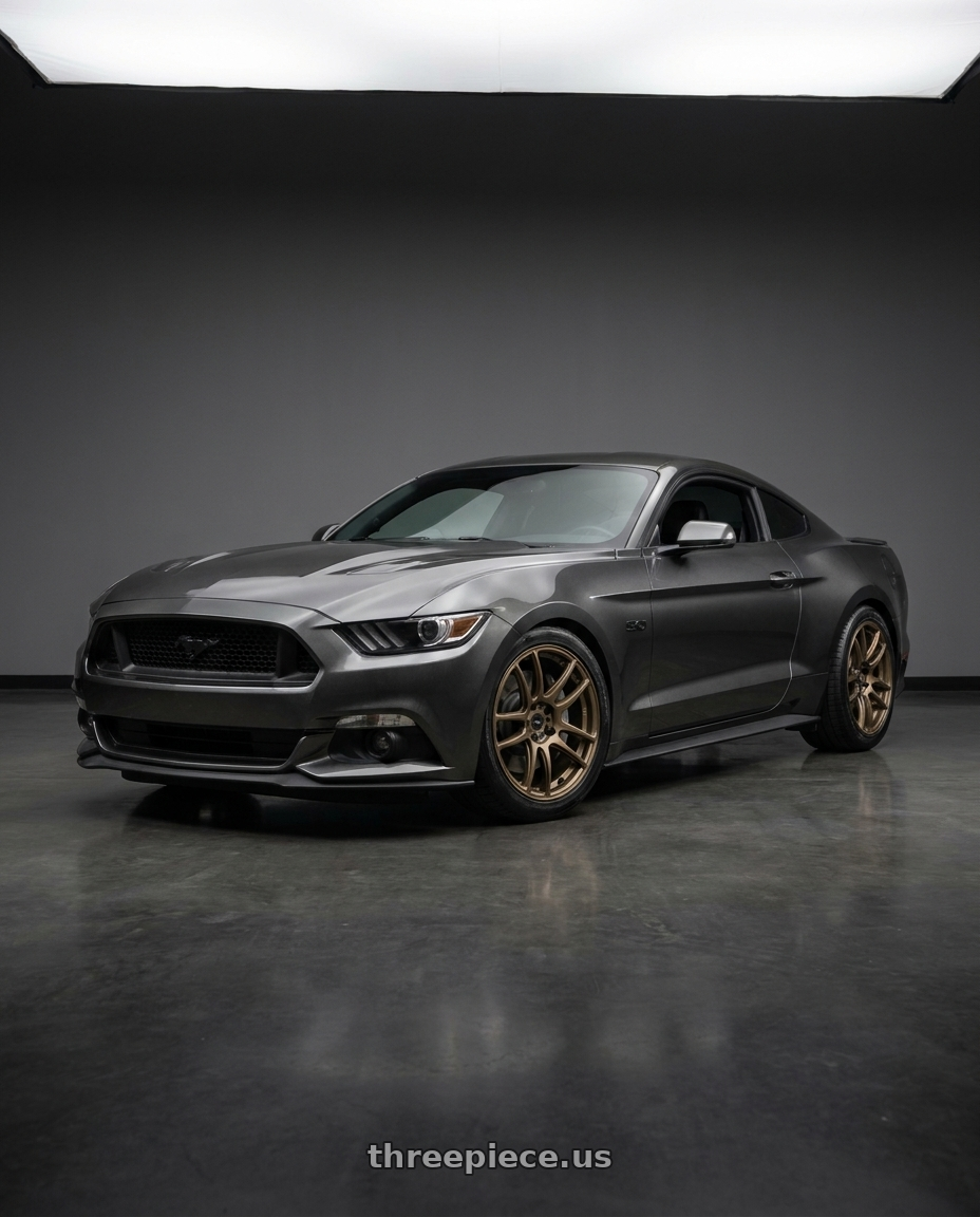 2017 Ford Mustang GT Premium with Work Emotion T7r 5x120 18x8.5 +38 Matte Bronze wheels front three quarter view stock stance
