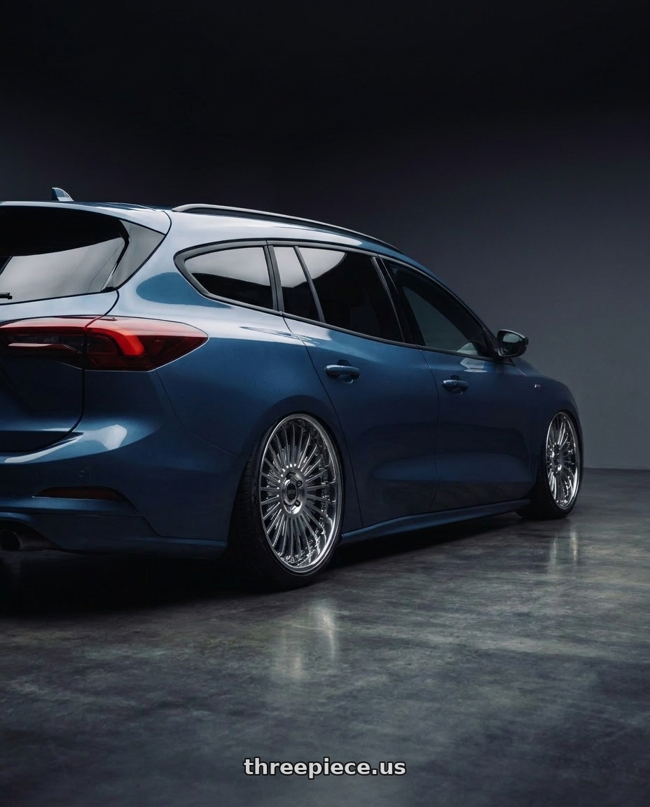 2023 focus wagon mk4.5 Blue Metallic with Work Emitz Black Polish 5x100 19x7.5 +45 wheels rear three quarter view extreme stretch tires