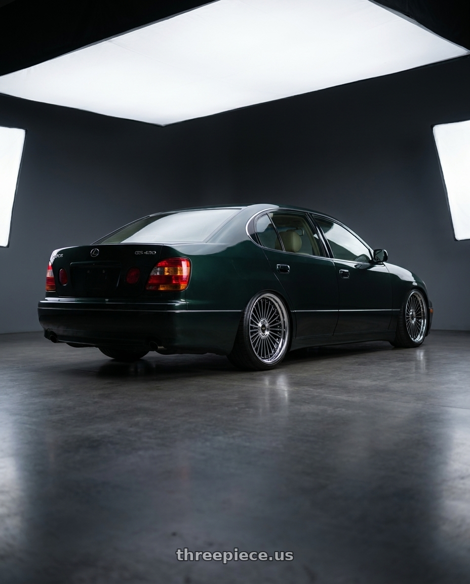2002 Lexus GS430 with Work Emitz Black Polish 5x114.3 19x9.0 +38 wheels rear three quarter view square tires