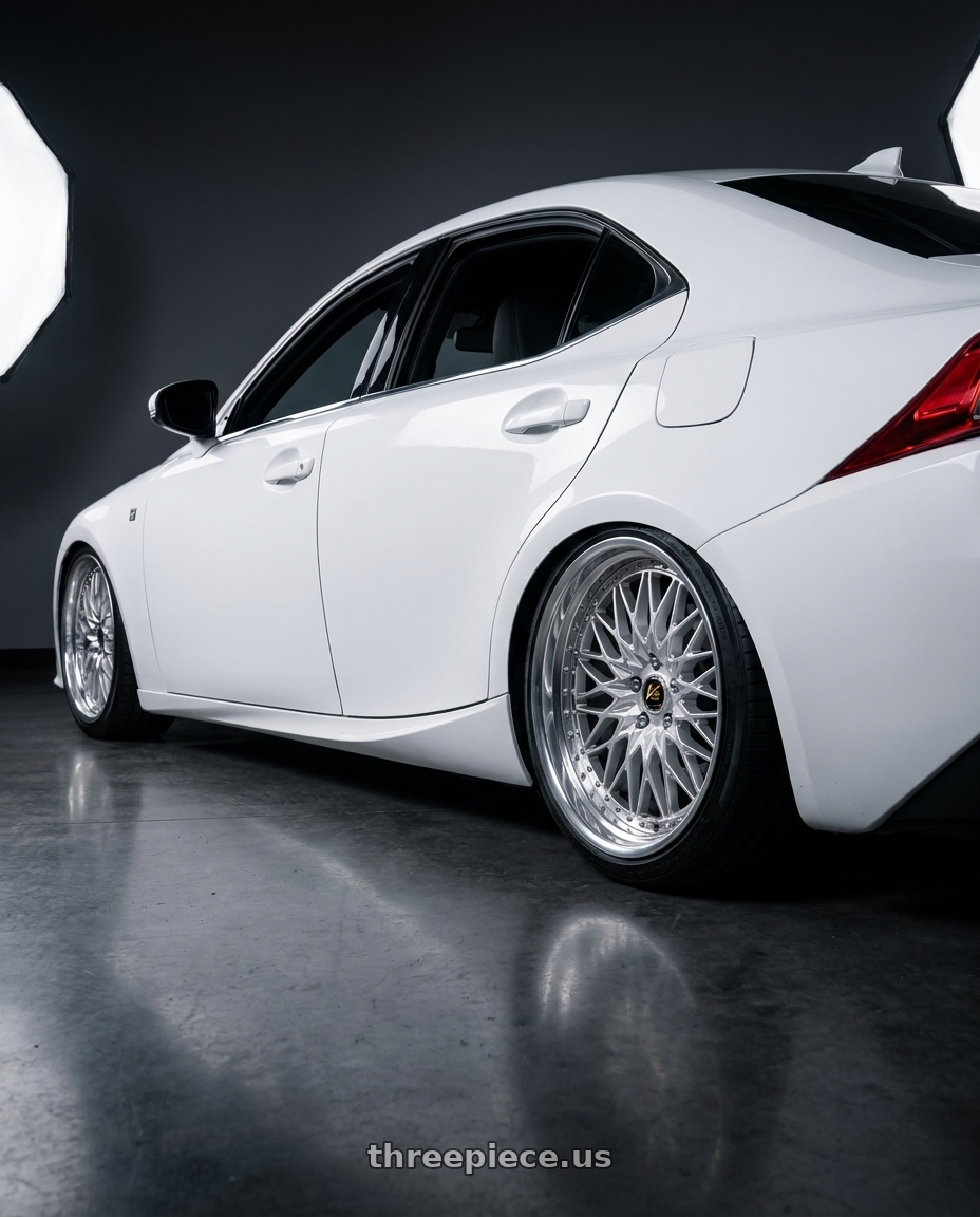 2015 lexus is350 f sport with Work Vs-Xv 5x100 18x9.5-4 L Disk Silky Rich Silver wheels rear three quarter view square tires