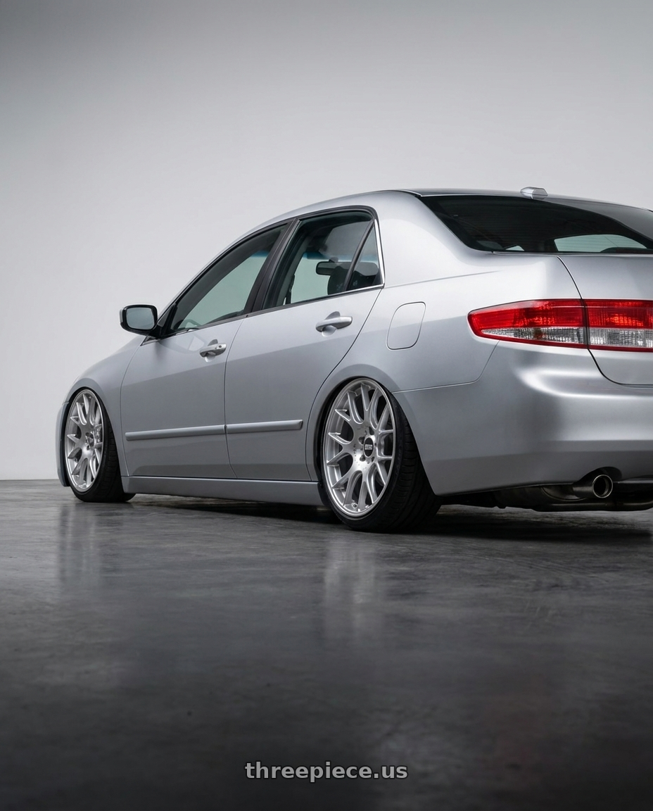 2005 Honda accord with BBS CH-R 5x112 18x8.5 +38 Brilliant Silver Polished Rim Protector wheels rear three quarter view slight stretch tires