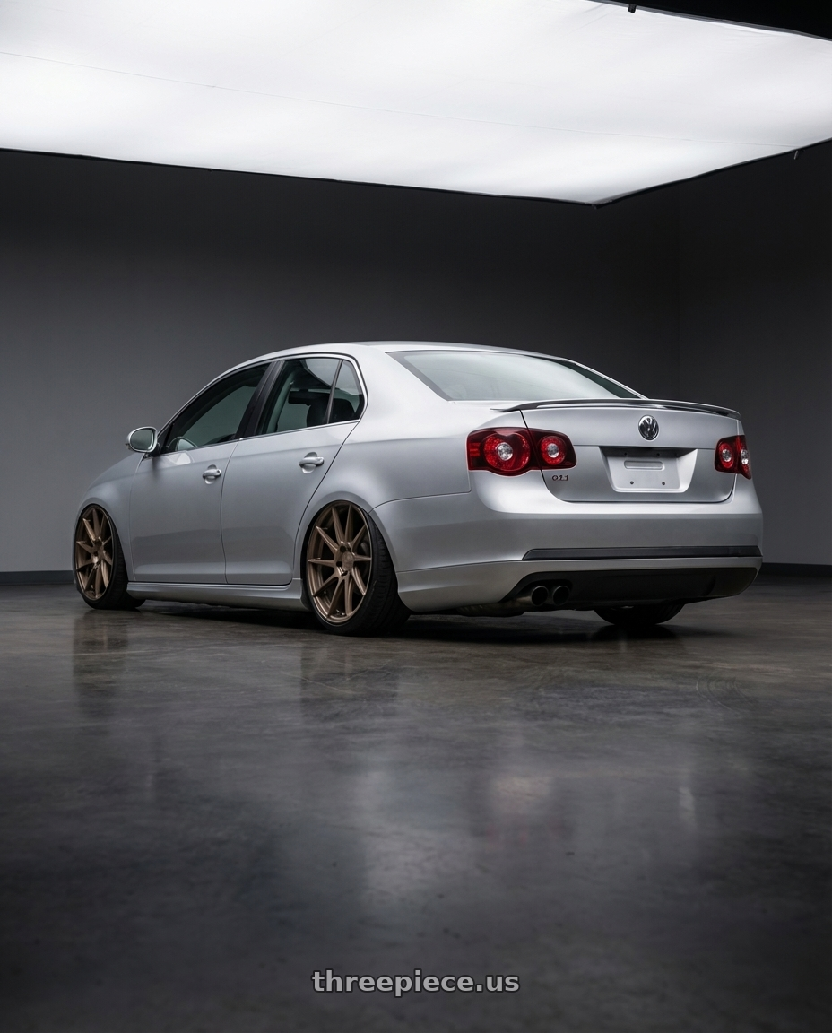 2009 Volkswagen Jetta GLI MK5 with Aodhan AH09 5x112 18x8.5 +35 Matte Bronze wheels rear three quarter view slight stretch tires