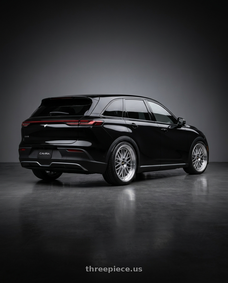 2026 foxtron cavir black with BBS LM 5x120 21x9.0+32 Diamond Silver wheels rear three quarter view square tires
