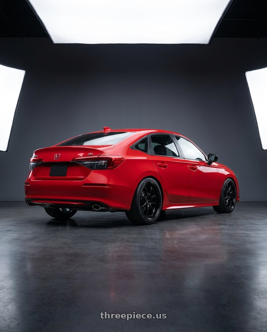 2026 Honda civic si with Work Emotion D9r 5x100 18x8.5 +32 Black wheels rear three quarter view square tires