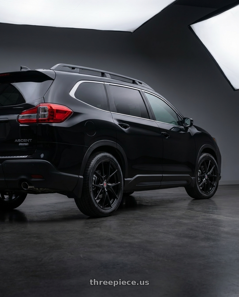 2025 Subaru Ascent Crystal Black Silica with Axe EX34 5x114 20X8.5+38 GLOSS BLACK wheels rear three quarter view square tires