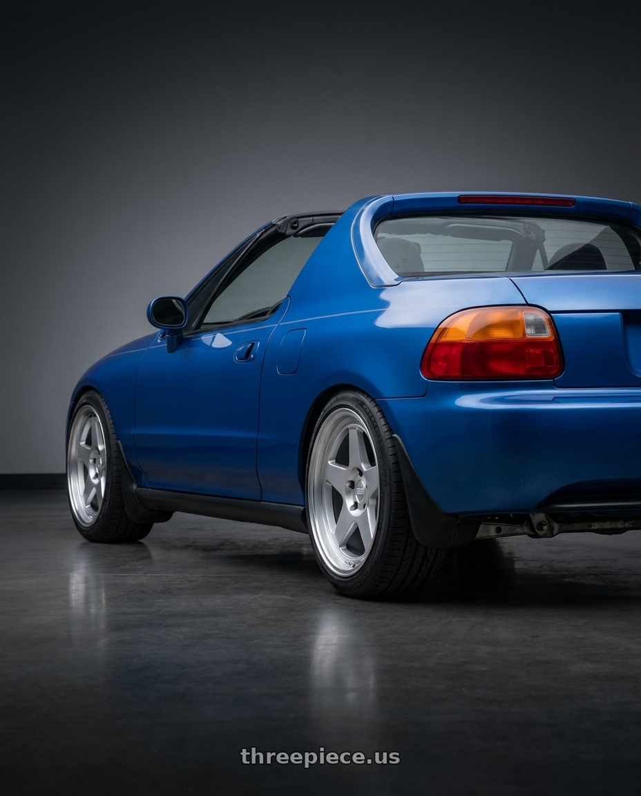 1994 honda del sol with Kansei K12H KNP 5X120 18x10.5 12 Hyper Silver wheels rear three quarter view square tires