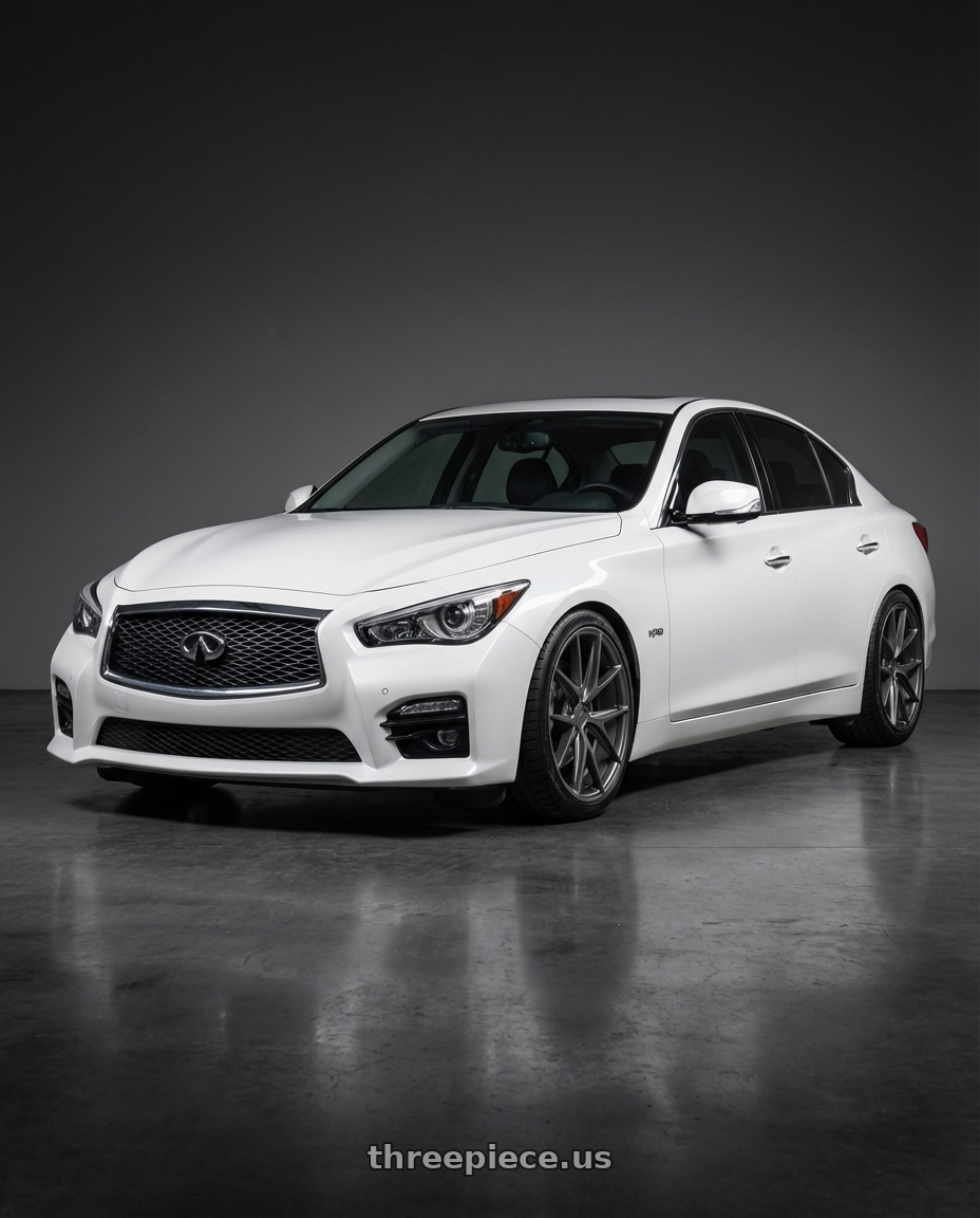 2020 Infiniti Q50 with Niche 1PC M116 MISANO 5X114.3 19X8.5 +45 MATTE GUN METAL wheels front three quarter view lowered stance