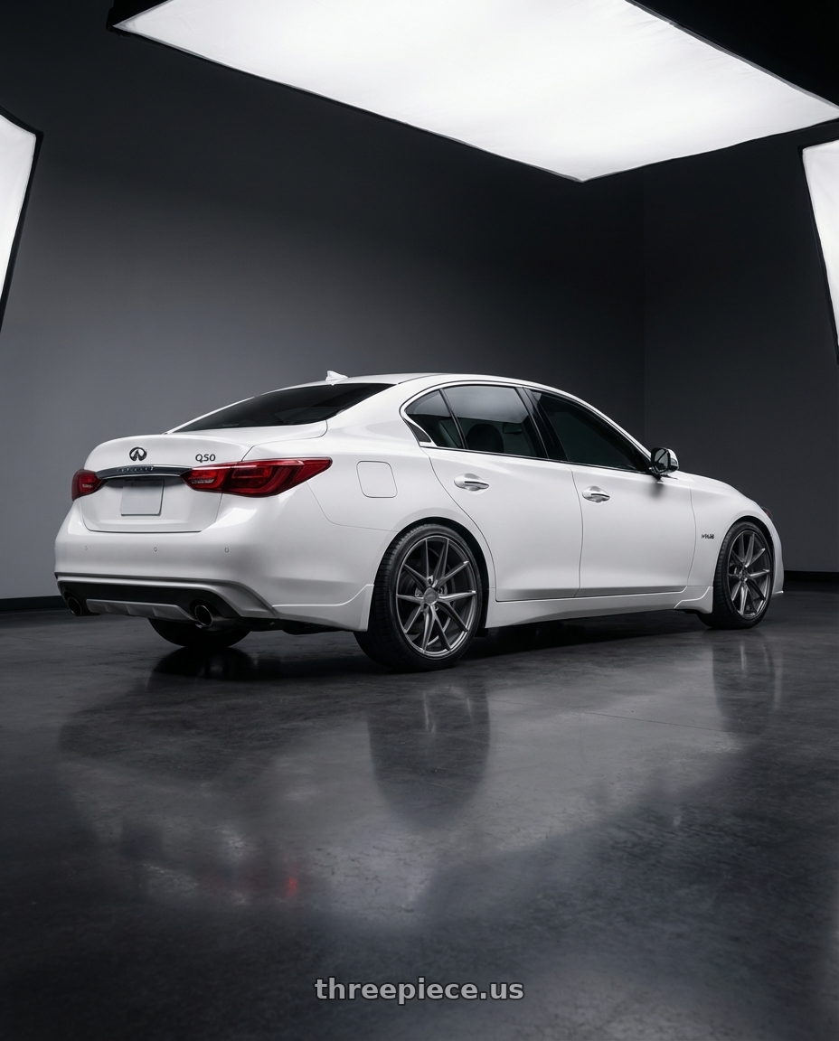 2020 Infiniti Q50 with Niche 1PC M116 MISANO 5X114.3 19X8.5 +45 MATTE GUN METAL wheels rear three quarter view square tires
