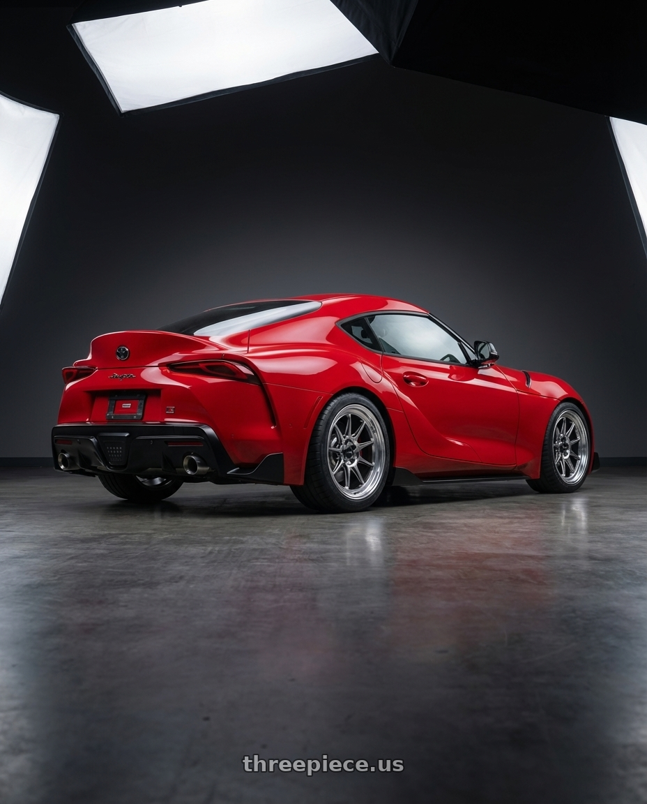 2023 Toyota GR Supra with Konig Countergram 5x112 19x11+40 Hyper Chrome / Machined Lip wheels rear three quarter view square tires