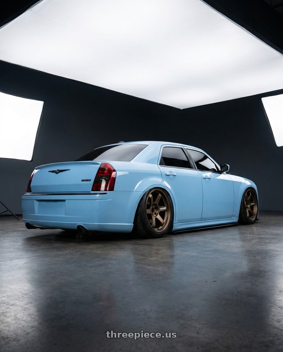 2007 Chrysler 300 srt8 baby blue with blacked out trim blacked out grill and hellcat hood with Volk Racing TE37 Saga S-Plus 5x114.3 18x11.0+13 Bronze wheels rear three quarter view meaty tires