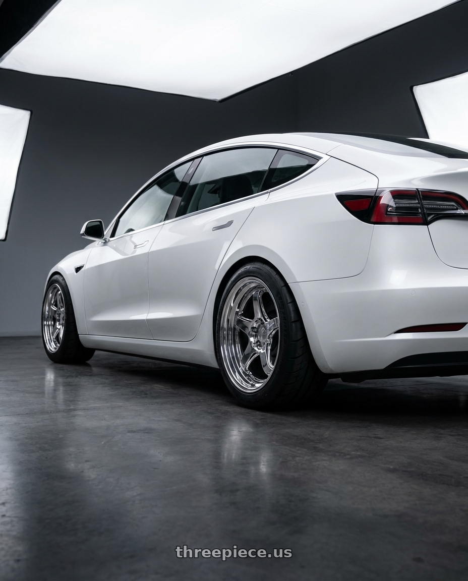2019 Tesla model 3 with Heritage Wheel EBISU MonoC 5x114.3 18x8.5+35 Chrome wheels rear three quarter view meaty tires