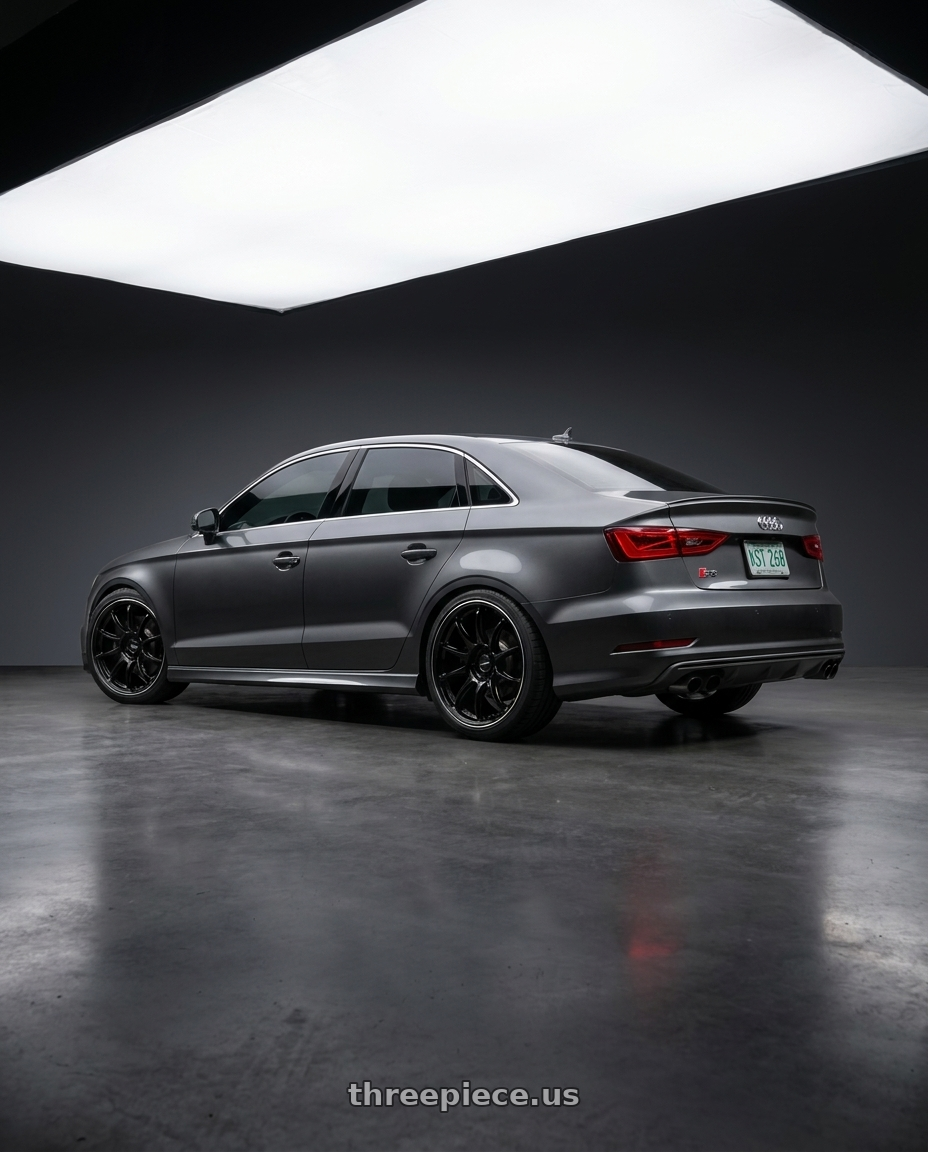 2016 Audi s3 with Work Emotion Zr10 5x112 18x8.5 +47 Black Diamond Lip Cut wheels rear three quarter view square tires