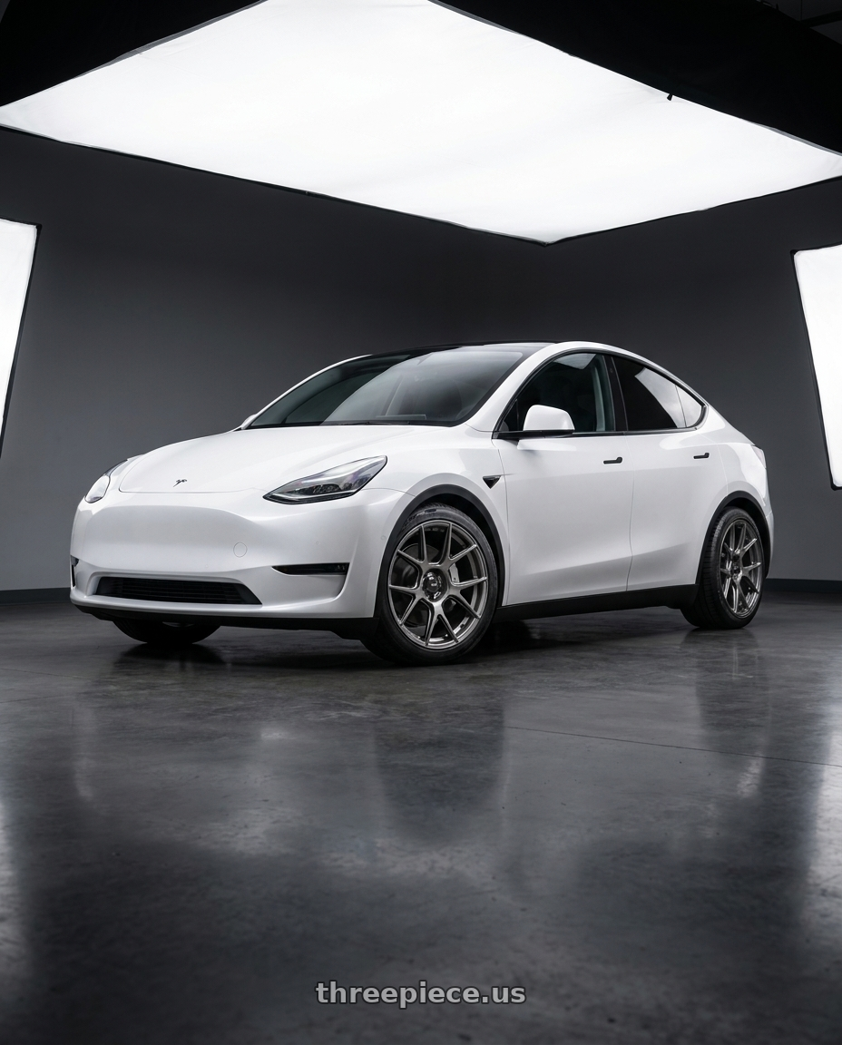 2024 Tesla Model Y with Konig Ampliform 5x114.3 20x11+22 Dark Metallic Graphite wheels
