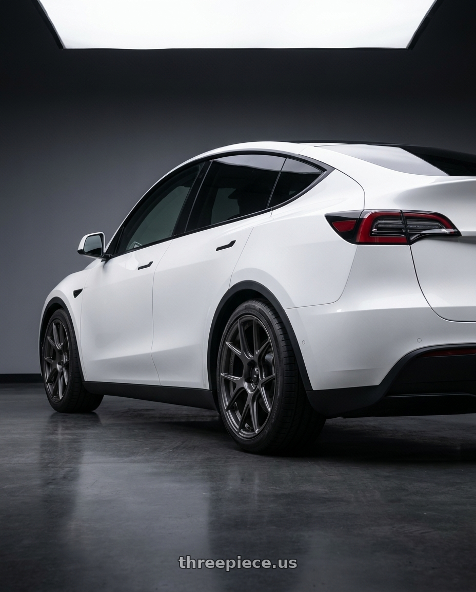 2024 Tesla Model Y with Konig Ampliform 5x114.3 20x11+22 Dark Metallic Graphite wheels rear three quarter view square tires