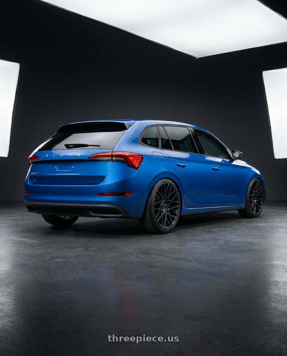 2020 Skoda Scala with Rotiform 1PC R112 BLQ 5X112 18X8.5 +35 MATTE BLACK wheels rear three quarter view square tires