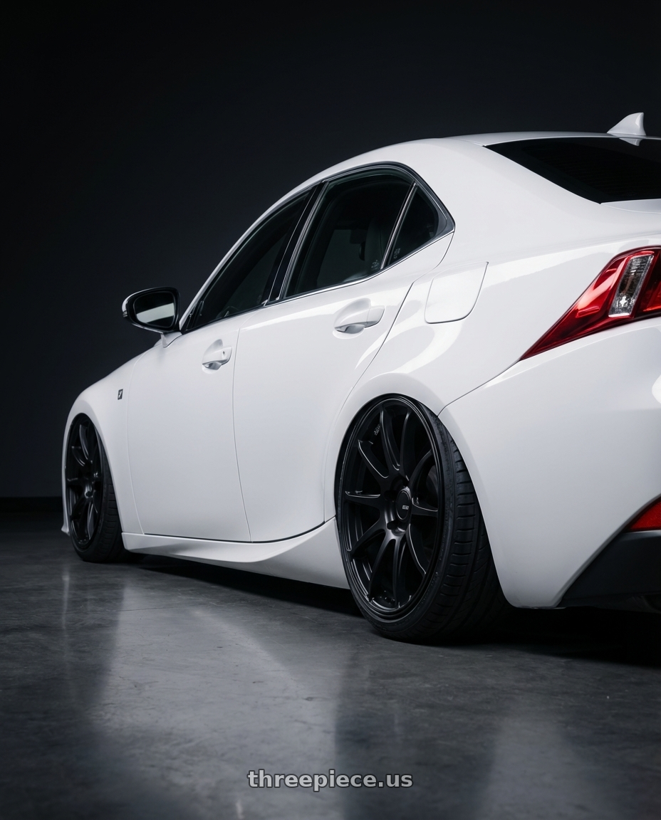 2018 Lexus IS 350 F Sport with Ssr Gtv02 5x114.3 19x8.5+38  FLAT BLACK wheels rear three quarter view slight stretch tires