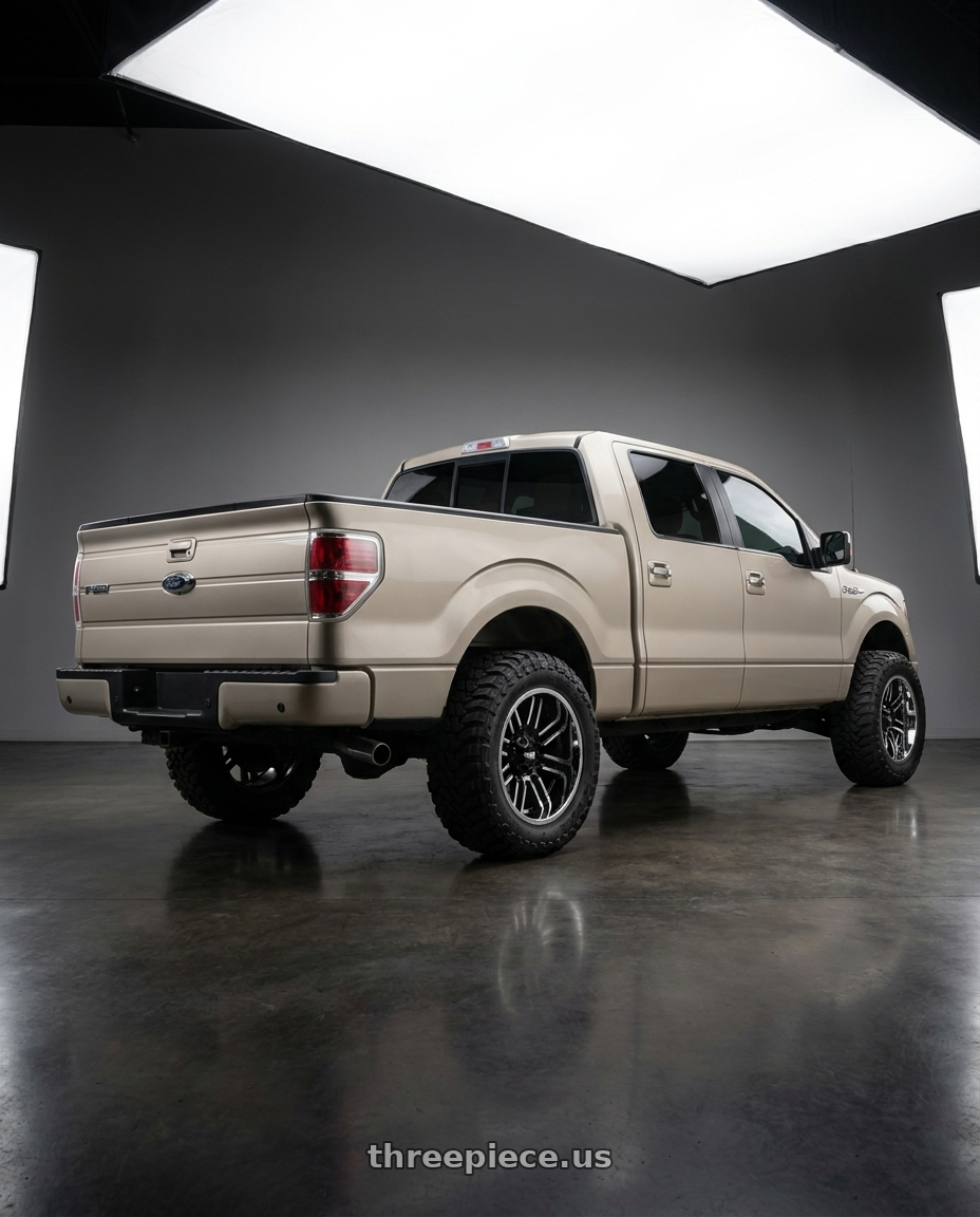 2013 Ford F-150 with Moto Metal MO202 6X135 20X12 -44 GLOSS BLACK MACHINED CENTER CHROME LIP wheels rear three quarter view meaty tires