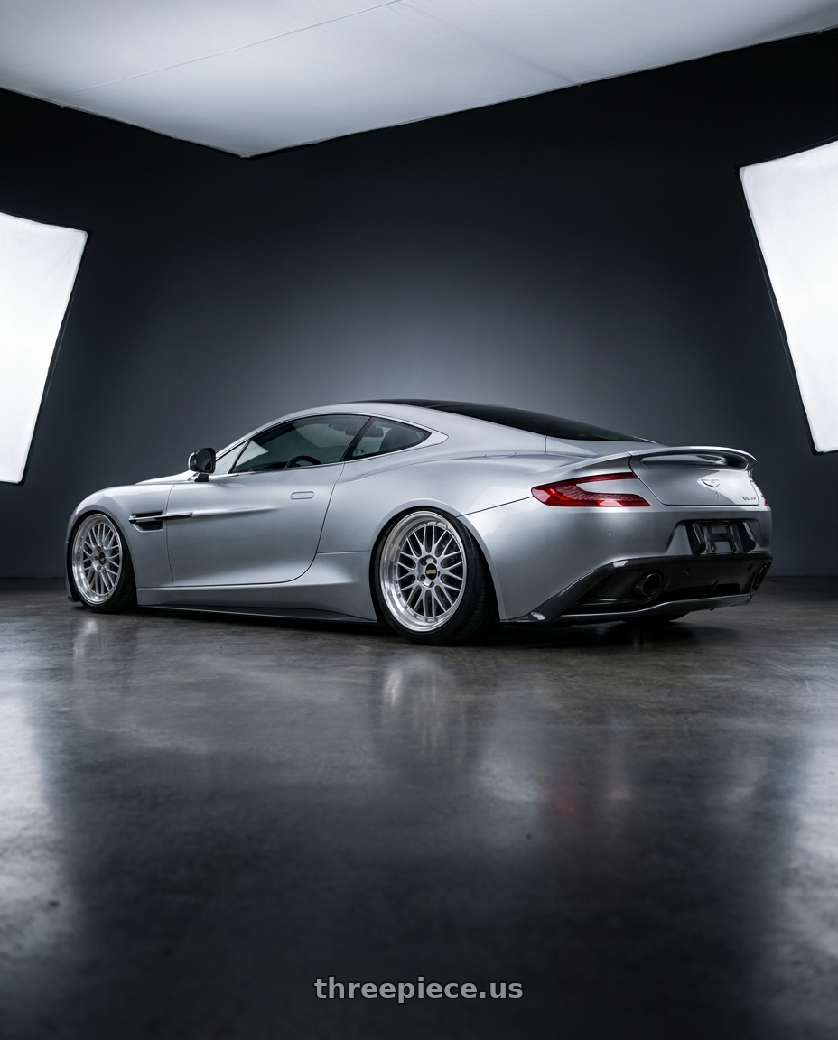 2014 Aston Martin Vanquish with BBS LM 5x114.3 18x9.0+42 Diamond Silver wheels rear three quarter view square tires