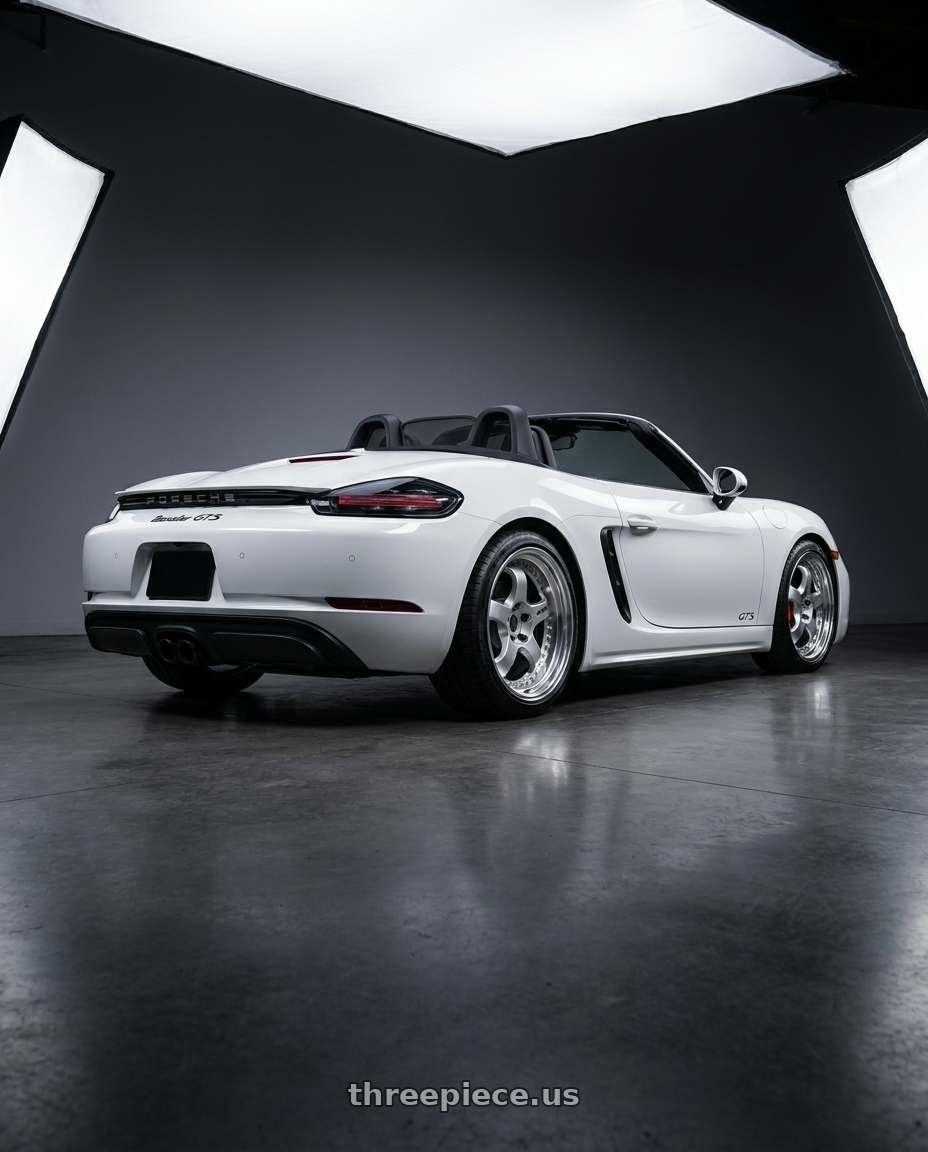 2018 Porsche boxer gts white with Work Meister S1 3P 5x130 19x10.5+48 O Disk Silver wheels rear three quarter view square tires