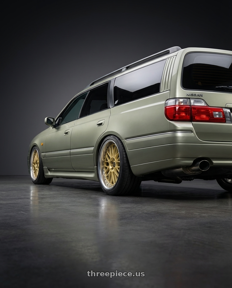 1999 Nissan stagea rs four millenium jade with Work Vs-Xx 5x100 18x8.5+19 A Disk Light Grey Silver wheels rear three quarter view square tires