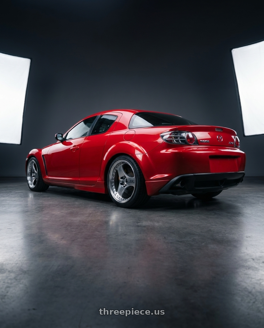 2005 Mazda Rx8 with Advan Racing ONI2 PROGRESSIVE 5x114.3 20x8.5 +33 MACHINING & DIAMOND CUT wheels rear three quarter view square tires