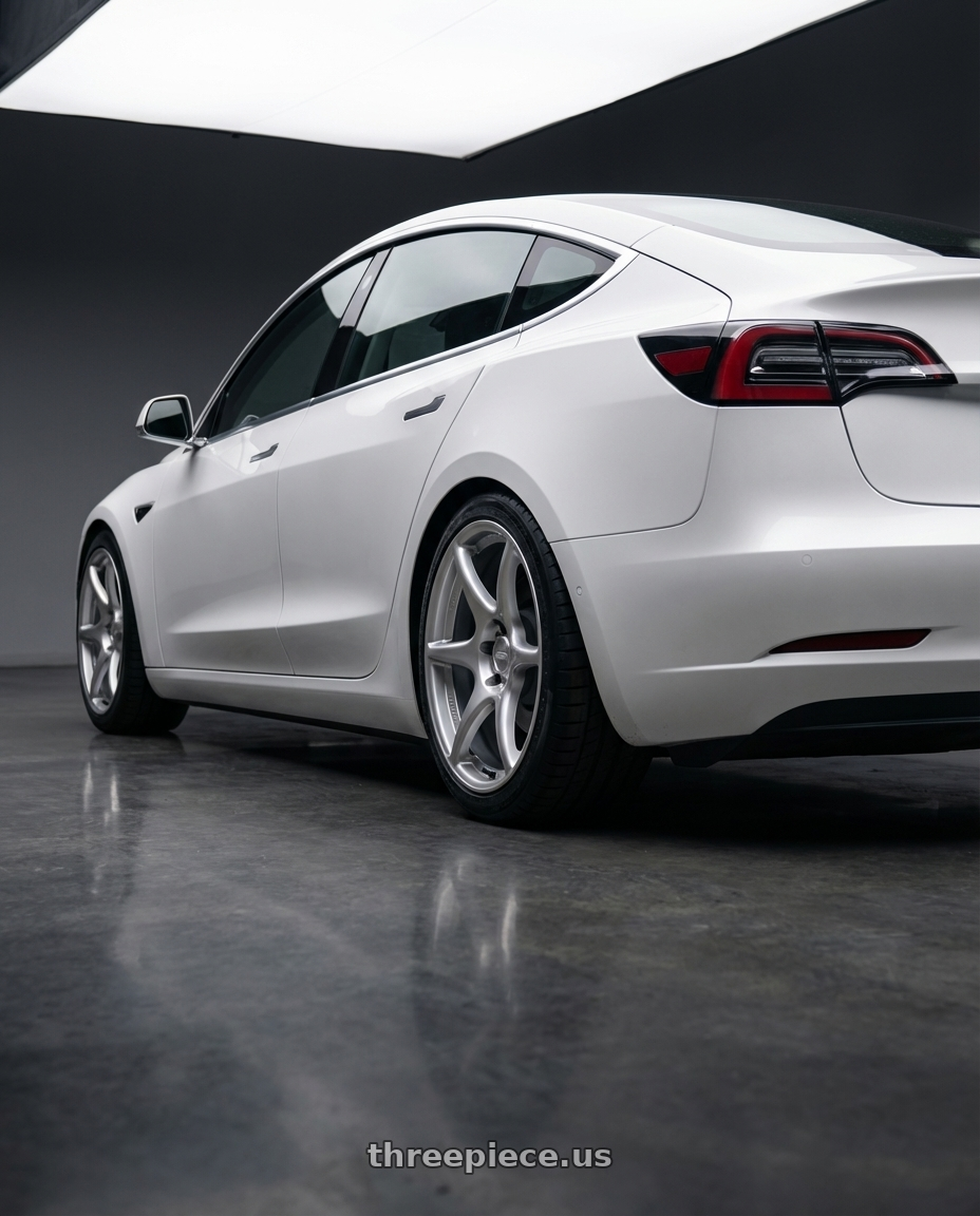 2023 Tesla Model 3 with Kansei K11S Tandem 5x114.3 19x9.5 12 Hyper Silver wheels rear three quarter view square tires