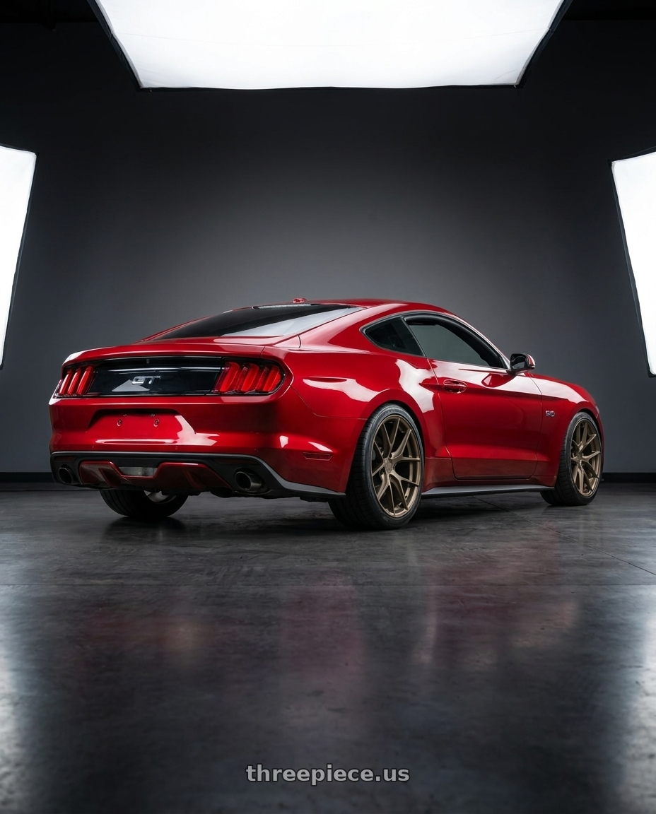 2015 mustang gt with Aodhan AFF7 5x114.3 19x9.5+35 Matte Bronze wheels rear three quarter view square tires