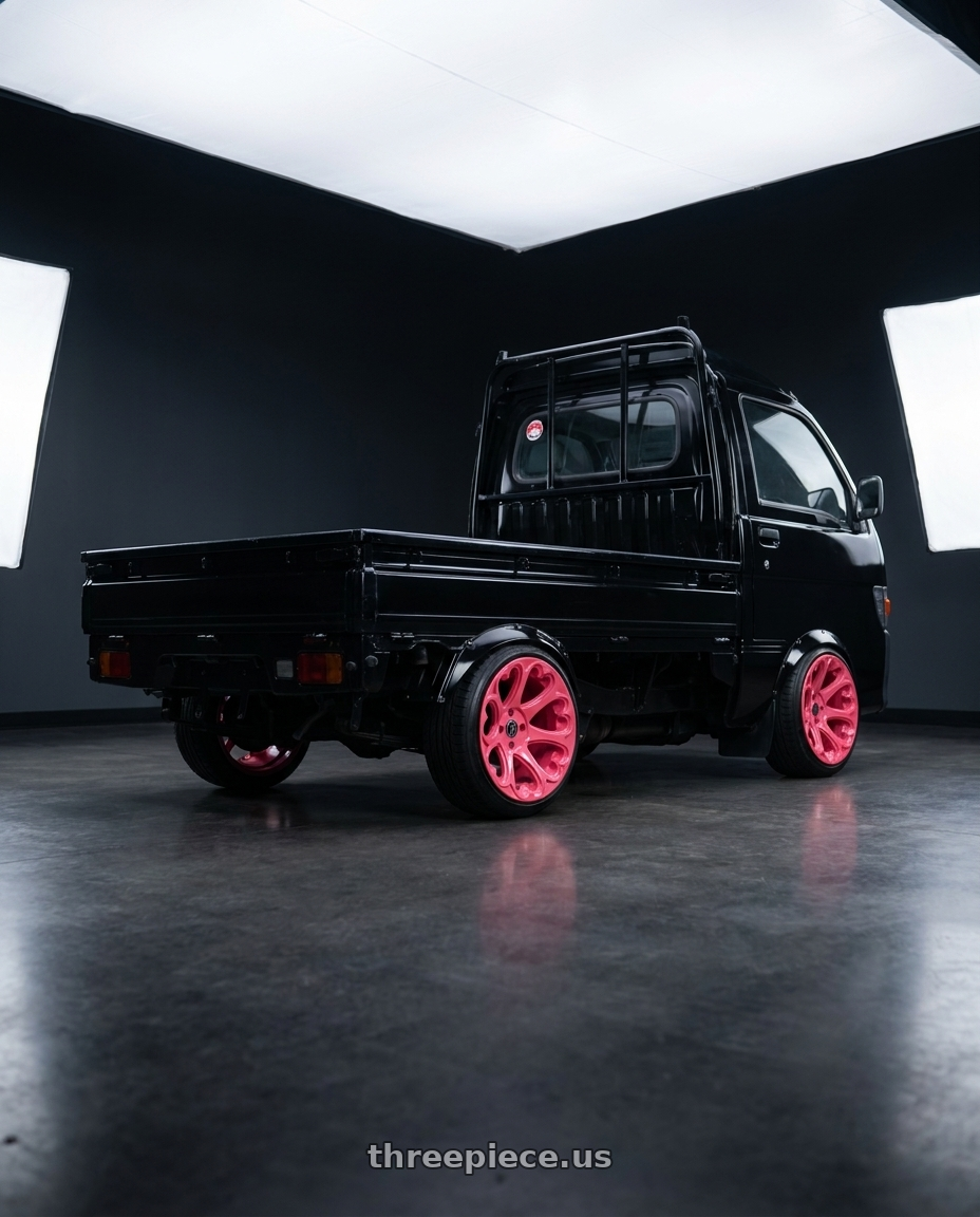 1995 Suzuki carry with Heritage Wheel Kokoro MonoC 4X100 15x8+0 Pink wheels rear three quarter view extreme stretch tires