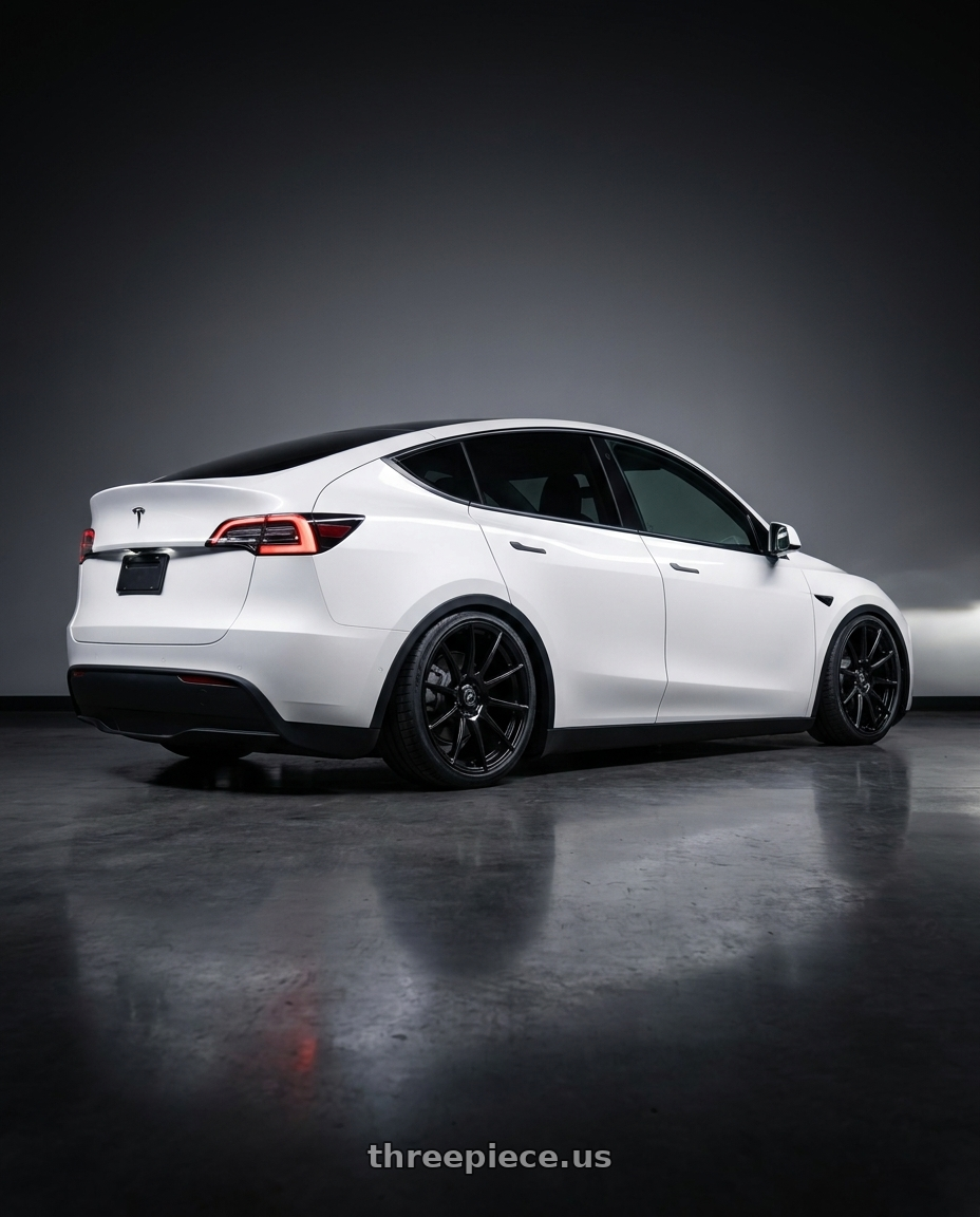 2024 Tesla Model Y with Forgestar CF10 5x114.3 20x9 +35 Gloss Black wheels rear three quarter view slight stretch tires