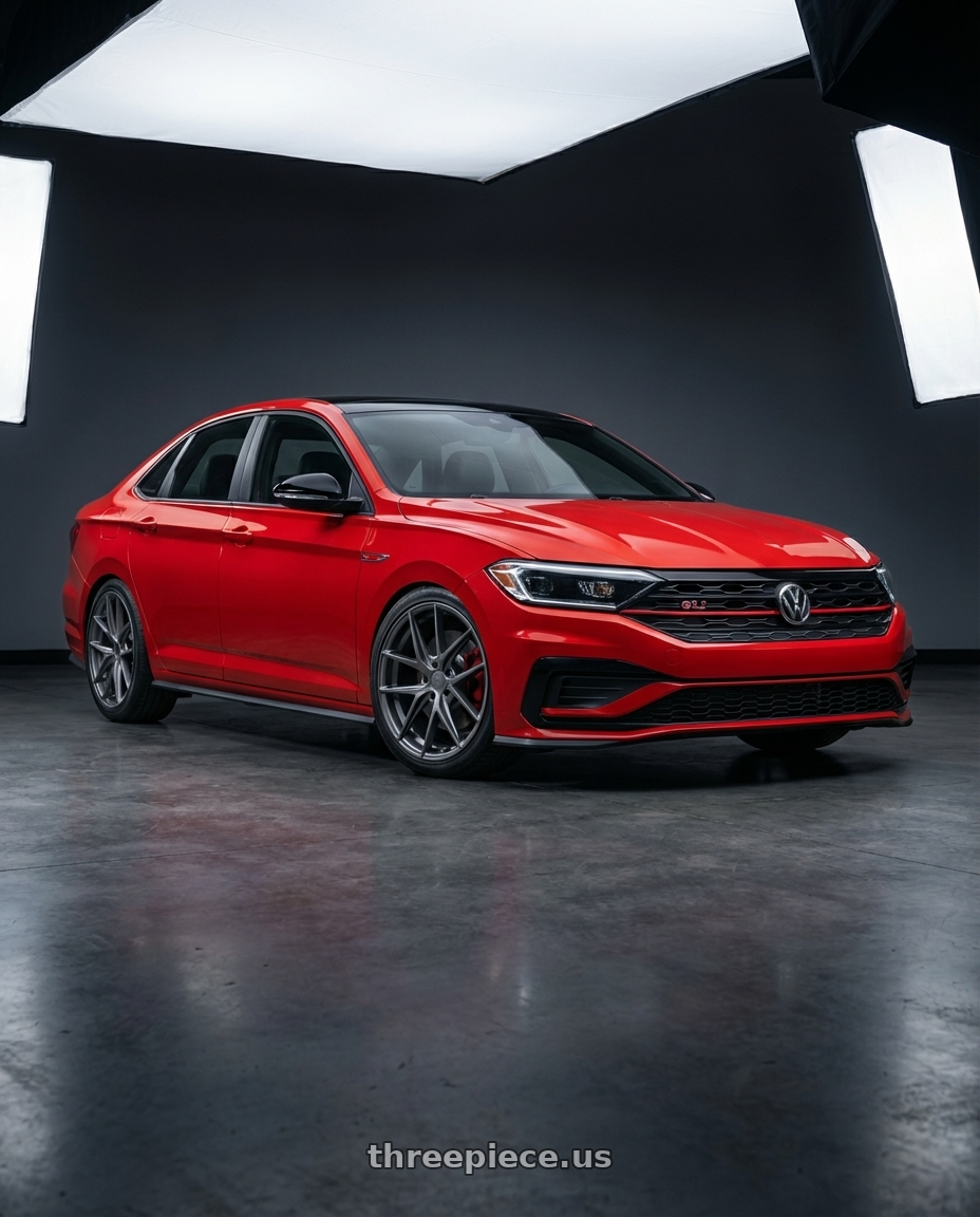 2023 Volkswagen Jetta GLI MK7 with Niche 1PC M116 MISANO 5X112 18X8 +42 MATTE GUN METAL wheels front three quarter view lowered stance