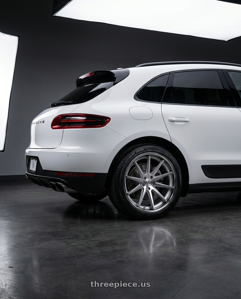 2017 Porsche macan, carrera white  with Rohana RFC10 5x112 22x9+20 Machine Silver/Chrome Lip wheels rear three quarter view square tires